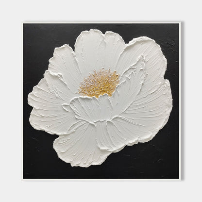 Elegant White Flower Oil Painting on Black Canvas - Modern Abstract Art Decor