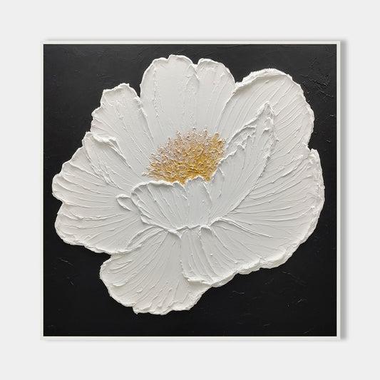 Elegant White Flower Oil Painting on Black Canvas - Modern Abstract Art Decor