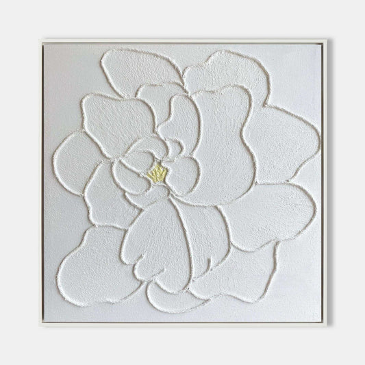 Elegant White Flower Oil Painting with Textured Plaster Finish for Home Decor