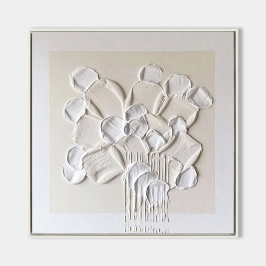 Textured White Floral Abstract Oil Painting for Modern Home Decor