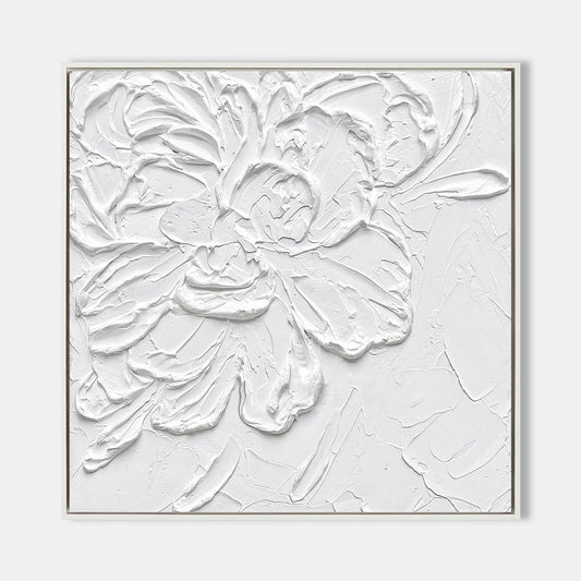 Textured White Floral Oil Painting – Modern Abstract Artwork for Home Decor