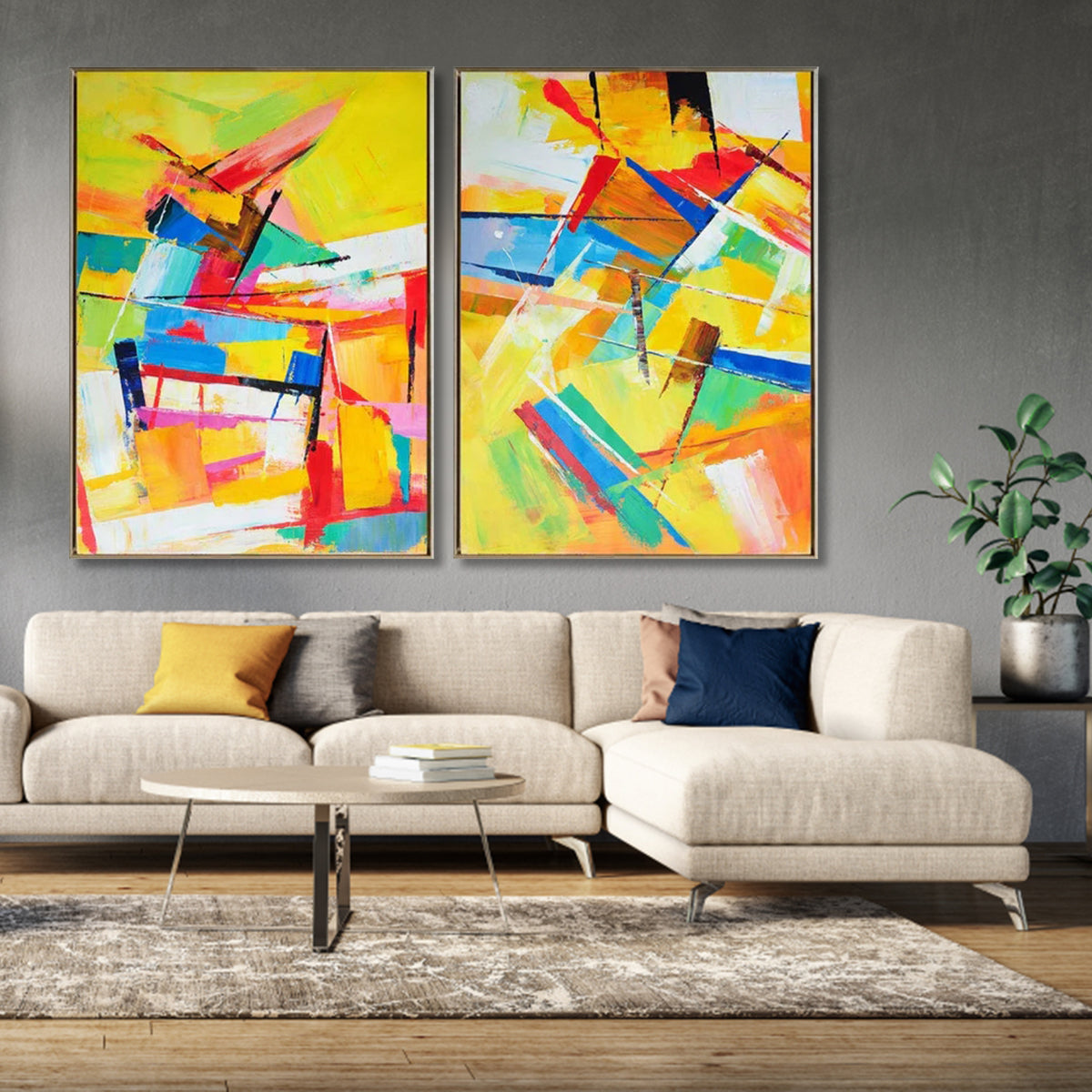 Vibrant Abstract Oil Painting Duo for Modern Home Decor and Art Lovers