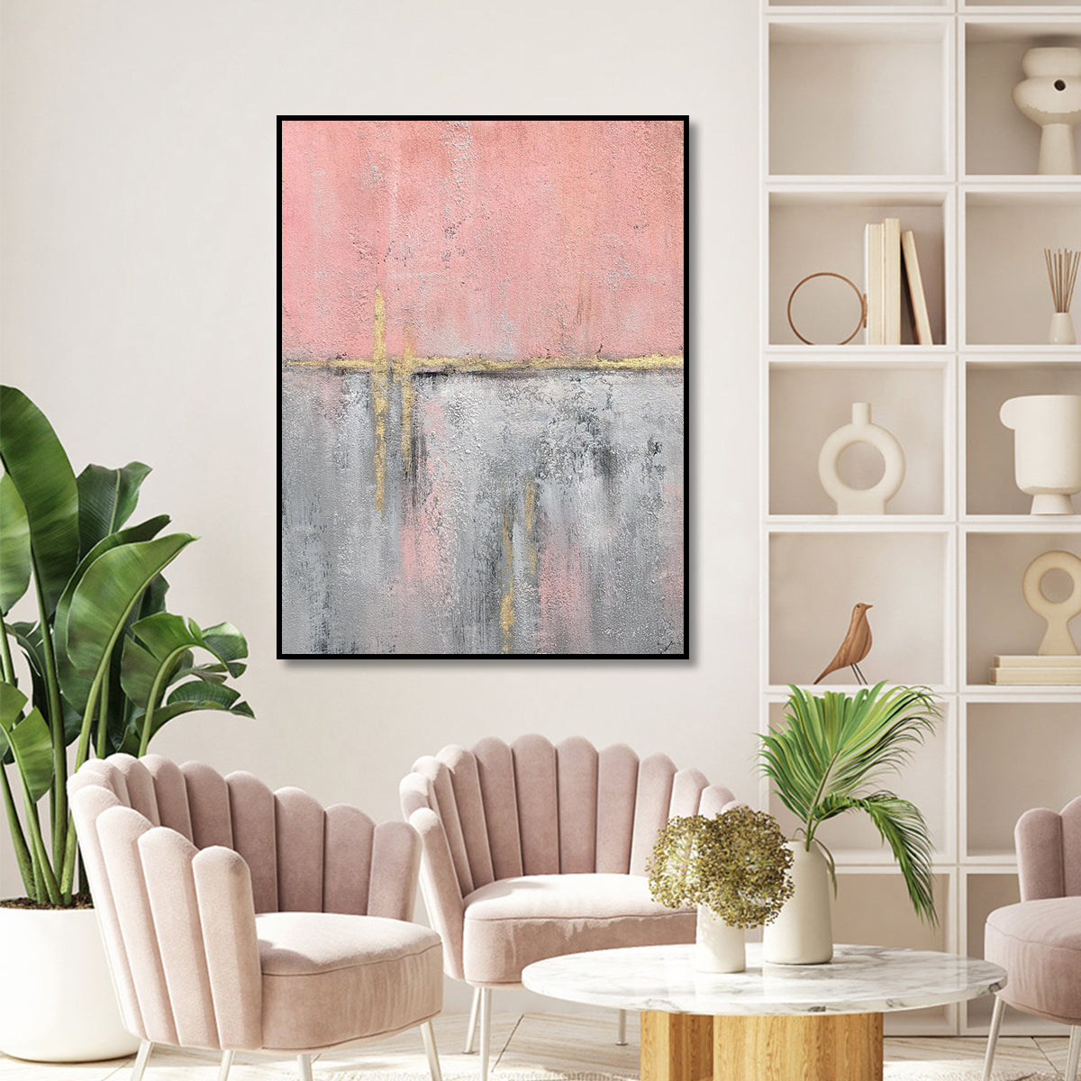 Abstract Pink and Gray Oil Painting for Modern Home Decor