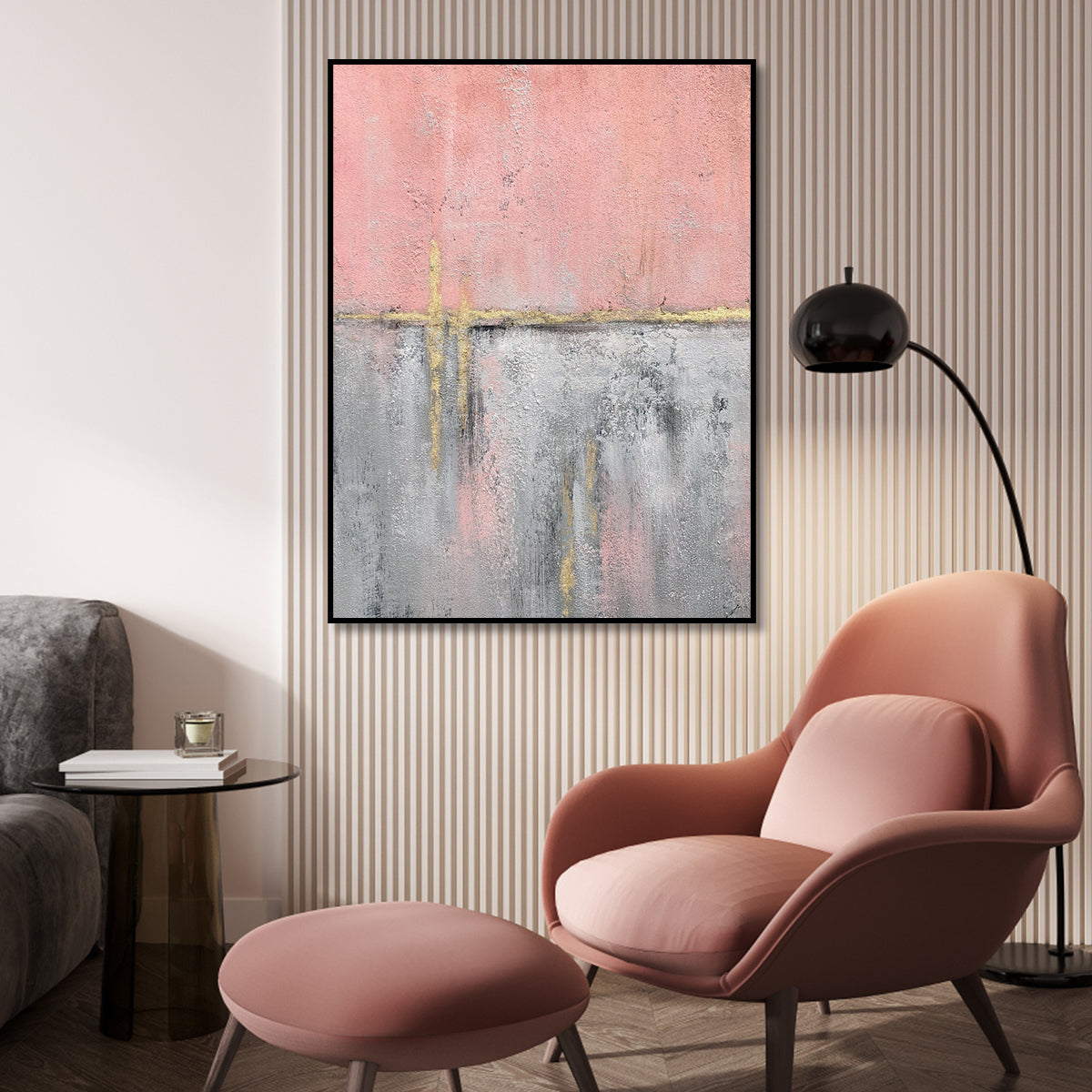 Abstract Pink and Gray Oil Painting for Modern Home Decor