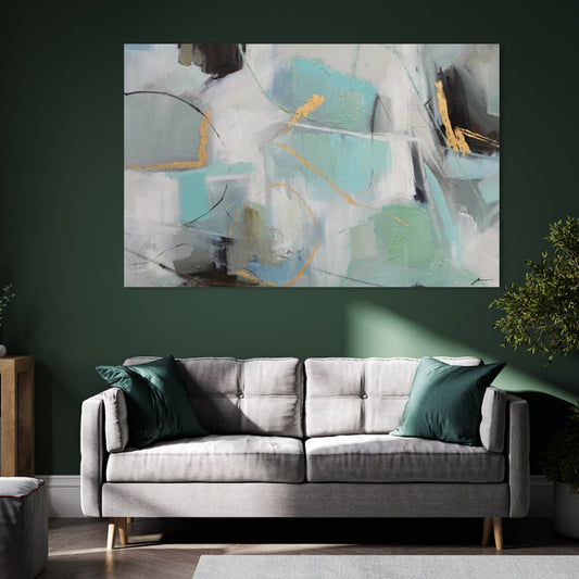 Serene Abstract Oil Painting with Aqua and Gold Accents for Modern Decor