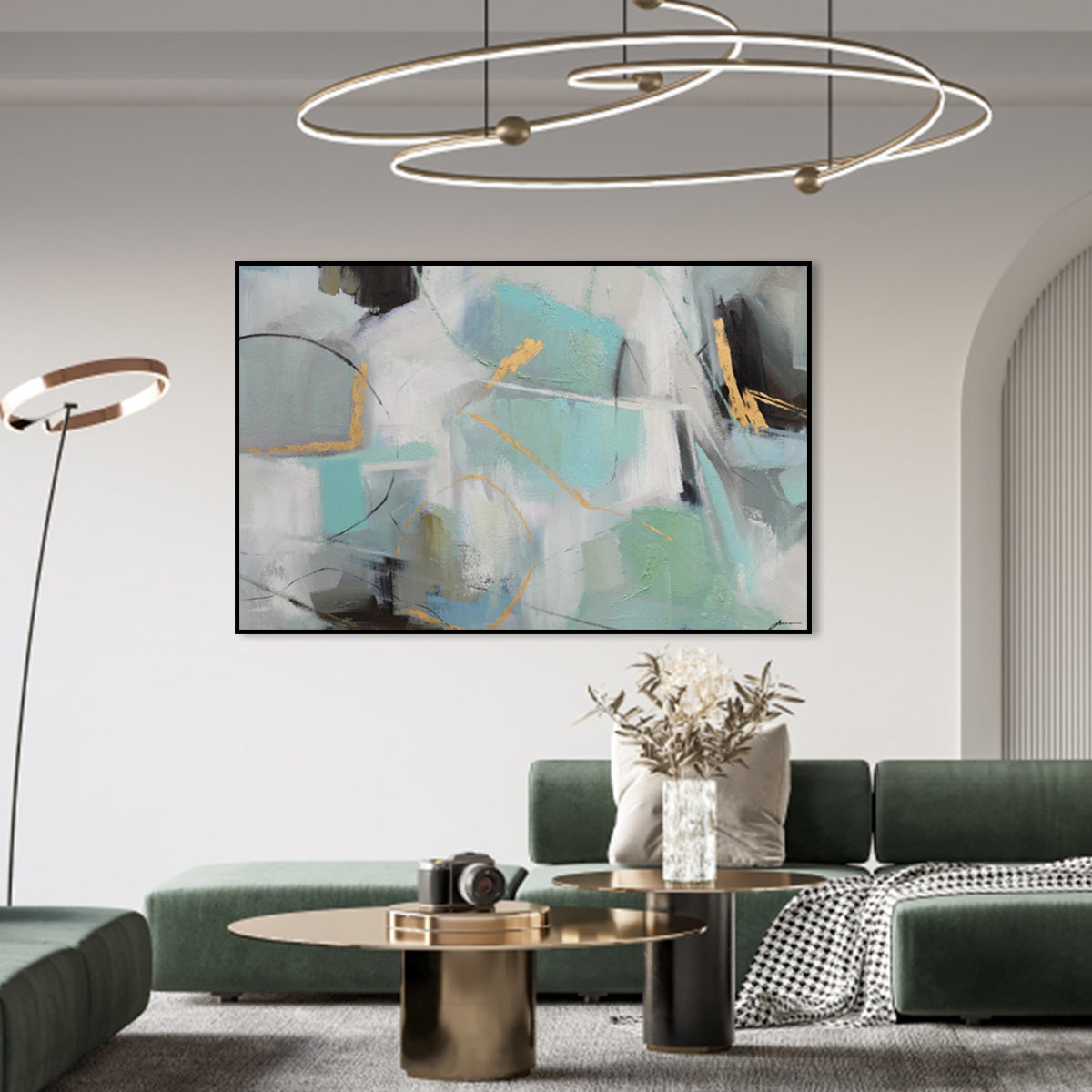 Serene Abstract Oil Painting with Aqua and Gold Accents for Modern Decor