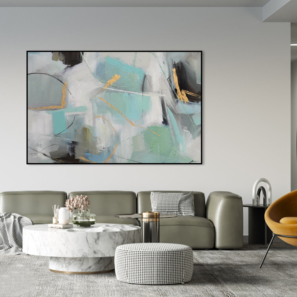 Serene Abstract Oil Painting with Aqua and Gold Accents for Modern Decor