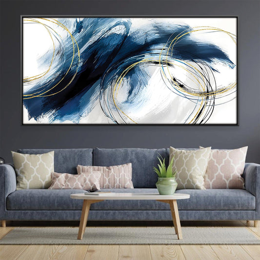 Abstract Blue Waves Oil Painting with Golden Accents for Modern Decor