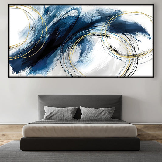 Cerulean Abstract Waves Oil Painting with Elegant Gold Accents