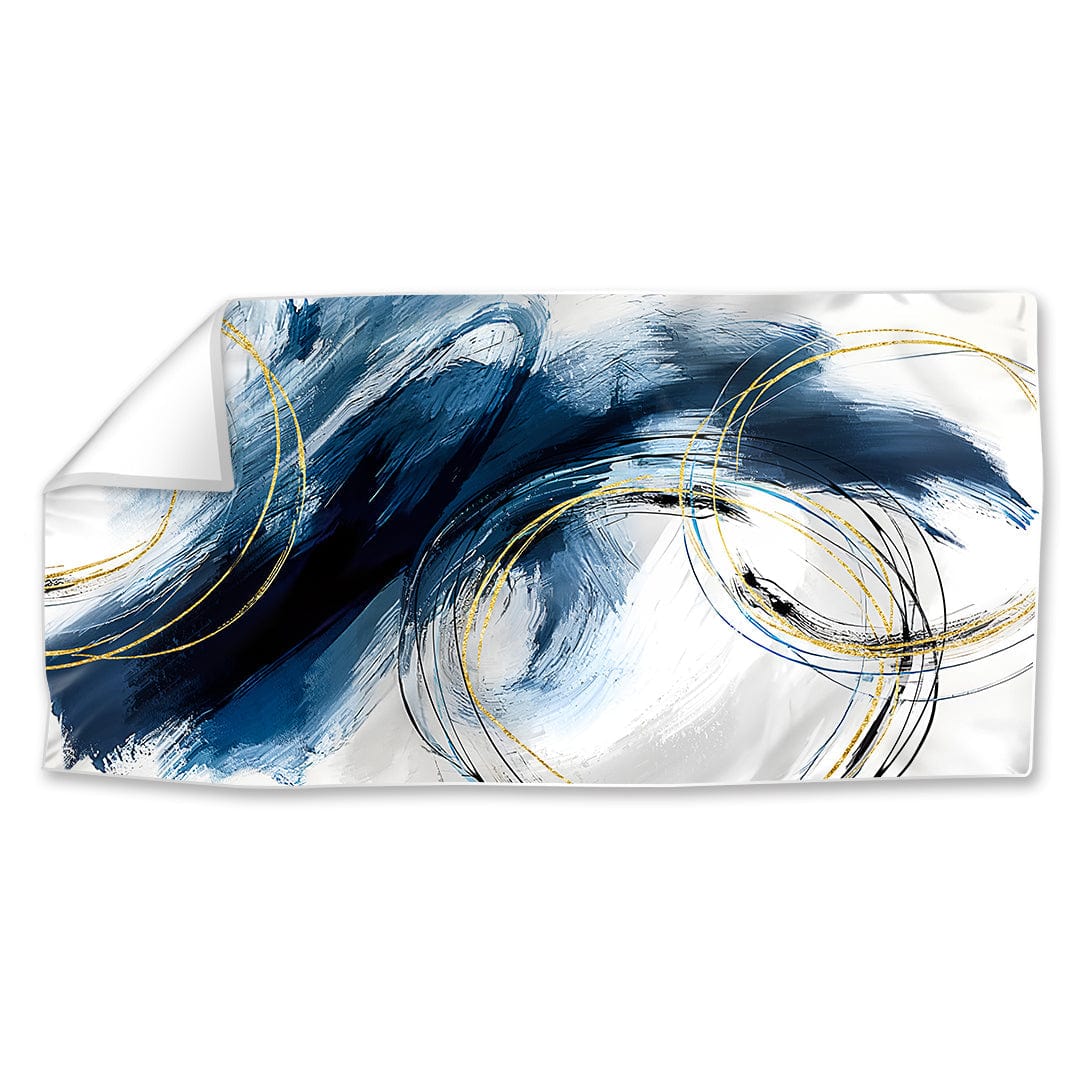 Cerulean Abstract Waves Oil Painting with Elegant Gold Accents