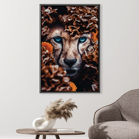 Majestic Cheetah in Lush Floral Surroundings - Stunning Oil Canvas Art