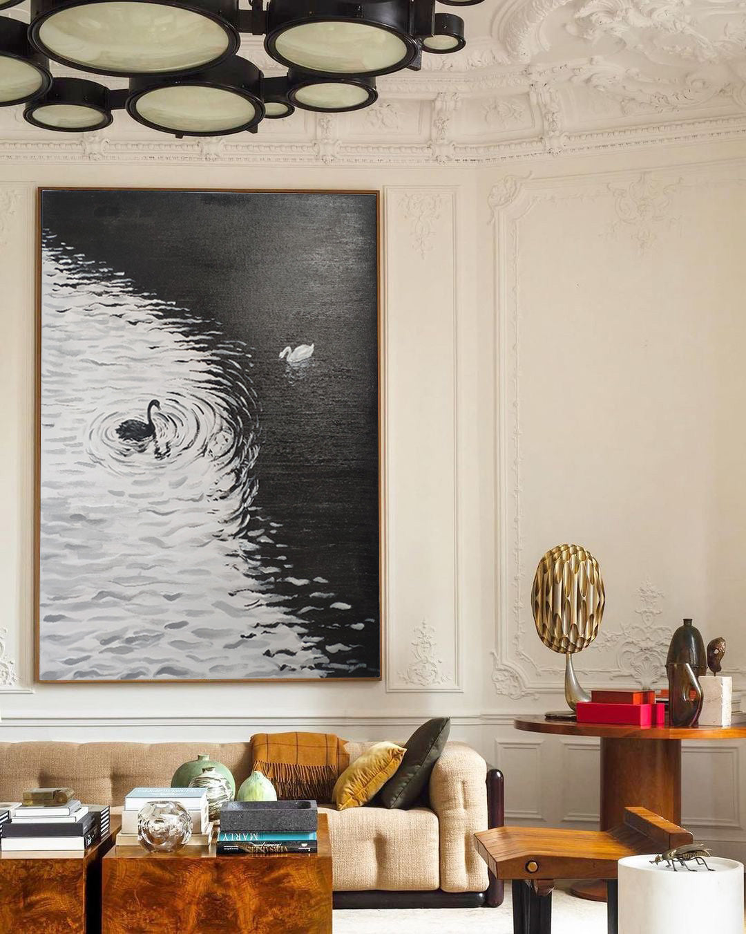 Elegant Swans on Water Black and White Oil Painting Canvas Art