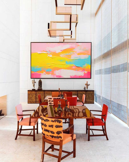 Vibrant Abstract Landscape Oil Painting in Pink and Yellow Hues for Modern Decor