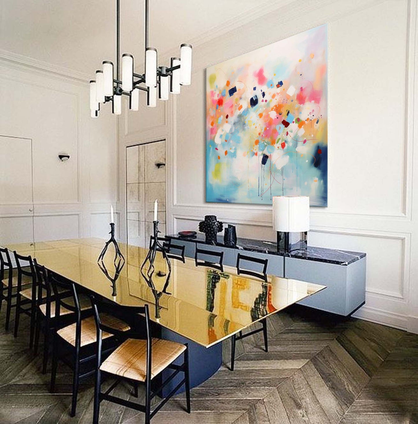 Vibrant Abstract Oil Painting with Colorful Geometric Shapes and Dynamic Brushstrokes