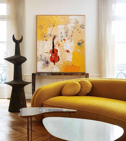 Vibrant Abstract Violin Oil Painting with Musical Notes on Canvas