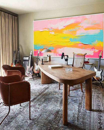 Vibrant Abstract Landscape Oil Painting in Pink and Yellow Hues for Modern Decor