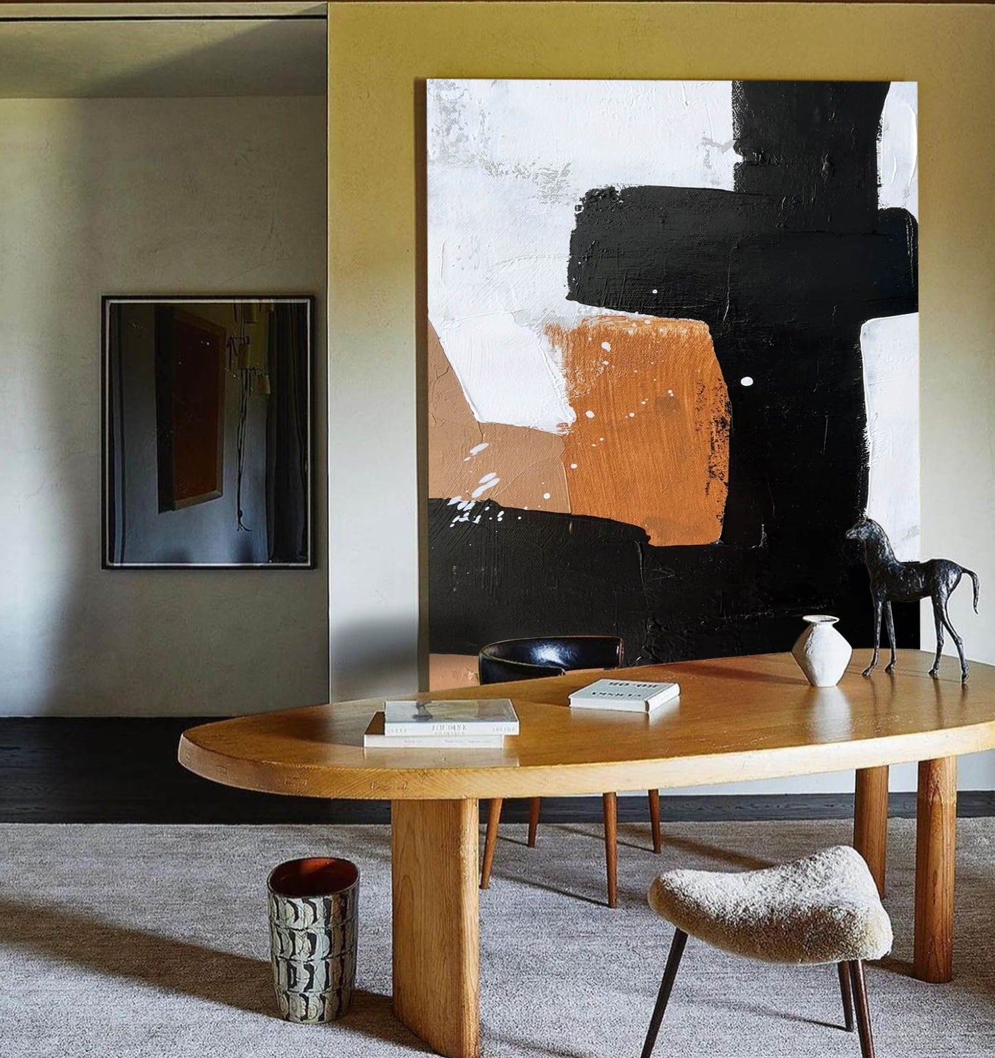 Modern Minimalist Abstract Oil Painting in Black, White, and Copper Tones