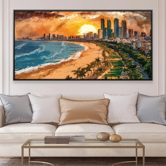 Vibrant Sunset City Beach Landscape Oil Painting for Home Decor