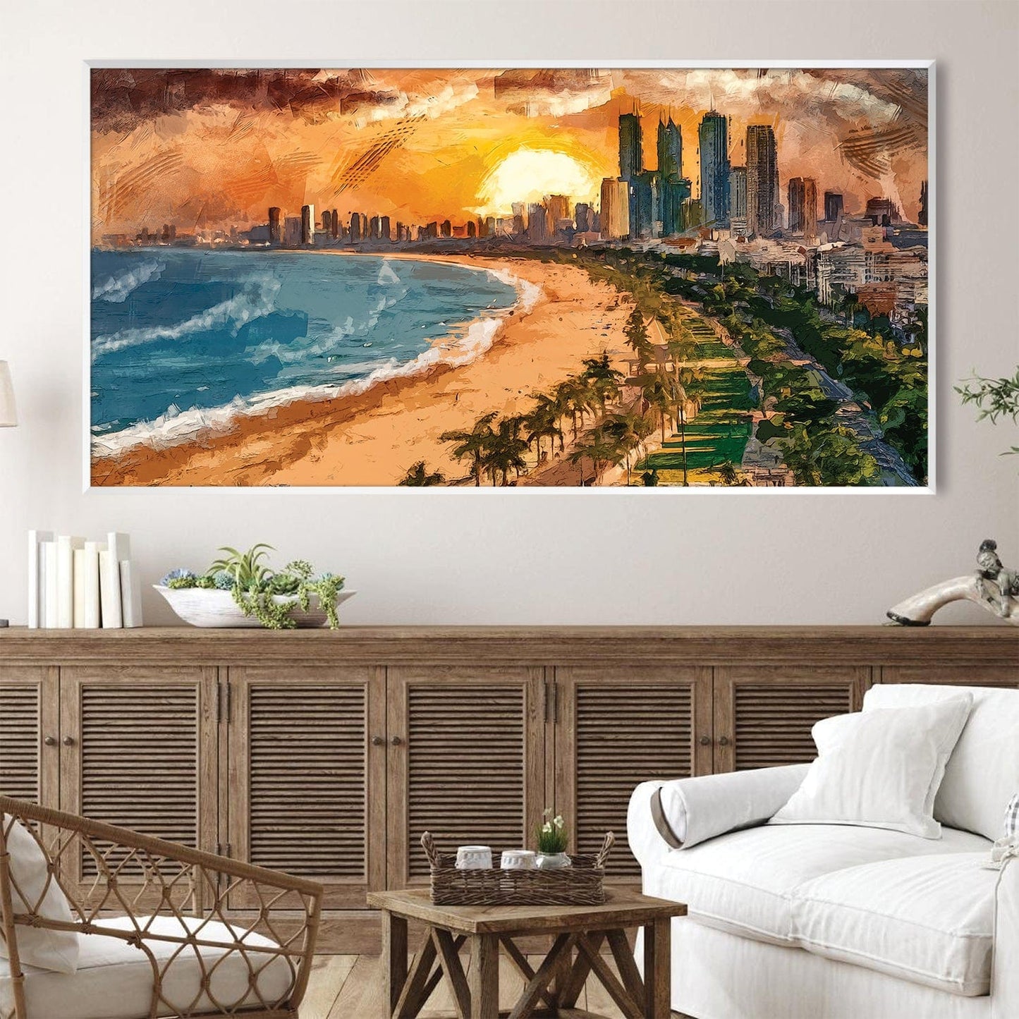 Vibrant Sunset City Beach Landscape Oil Painting for Home Decor