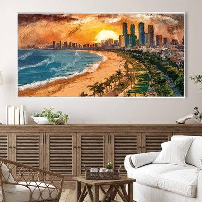 Vibrant Sunset City Beach Landscape Oil Painting for Home Decor