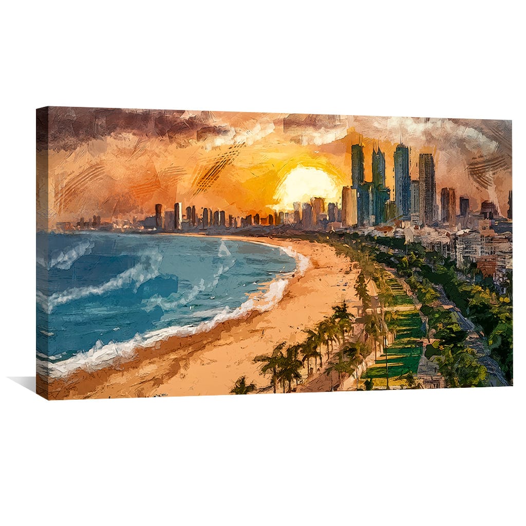 Vibrant Sunset City Beach Landscape Oil Painting for Home Decor