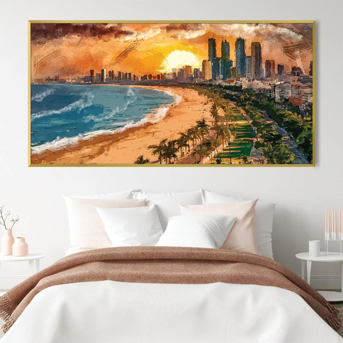 Vibrant Sunset City Beach Landscape Oil Painting for Home Decor