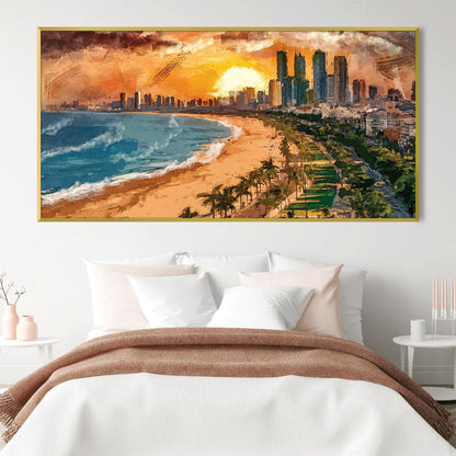 Vibrant Sunset City Beach Landscape Oil Painting for Home Decor