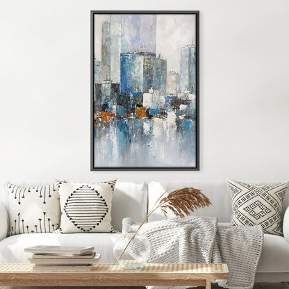 Modern Urban Landscape Oil Painting with Vibrant City Reflections