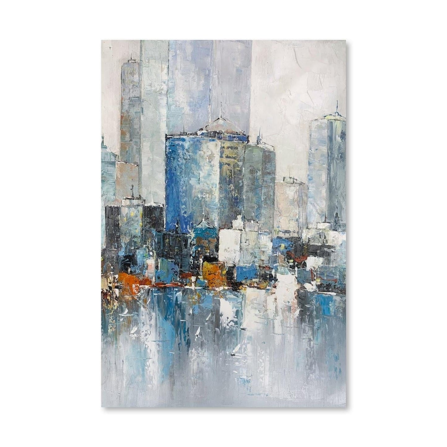 Modern Urban Landscape Oil Painting with Vibrant City Reflections