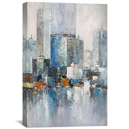 Modern Urban Landscape Oil Painting with Vibrant City Reflections