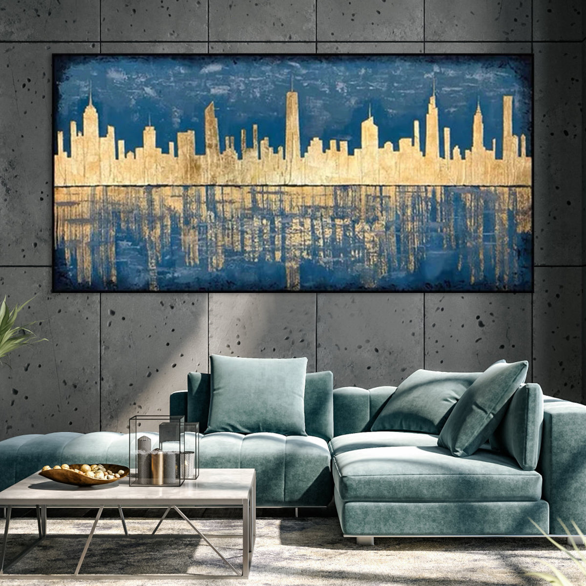 Stunning City Skyline in Deep Blue and Gold – Contemporary Oil Painting