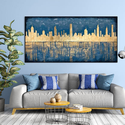 Stunning City Skyline in Deep Blue and Gold – Contemporary Oil Painting