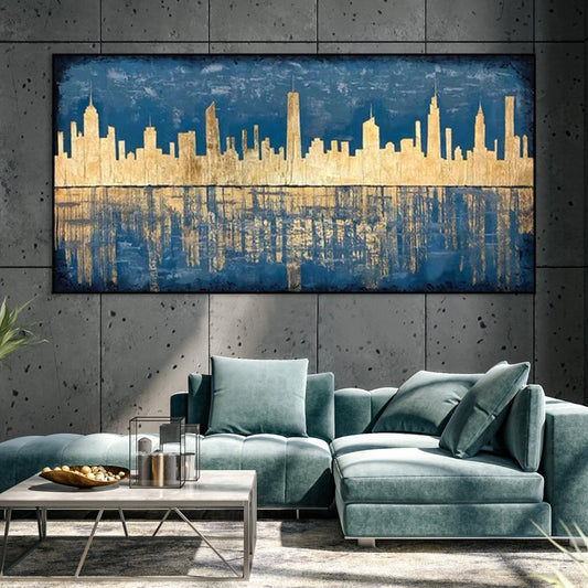 Modern City Skyline in Gold and Blue - Stunning Oil Painting for Contemporary Decor