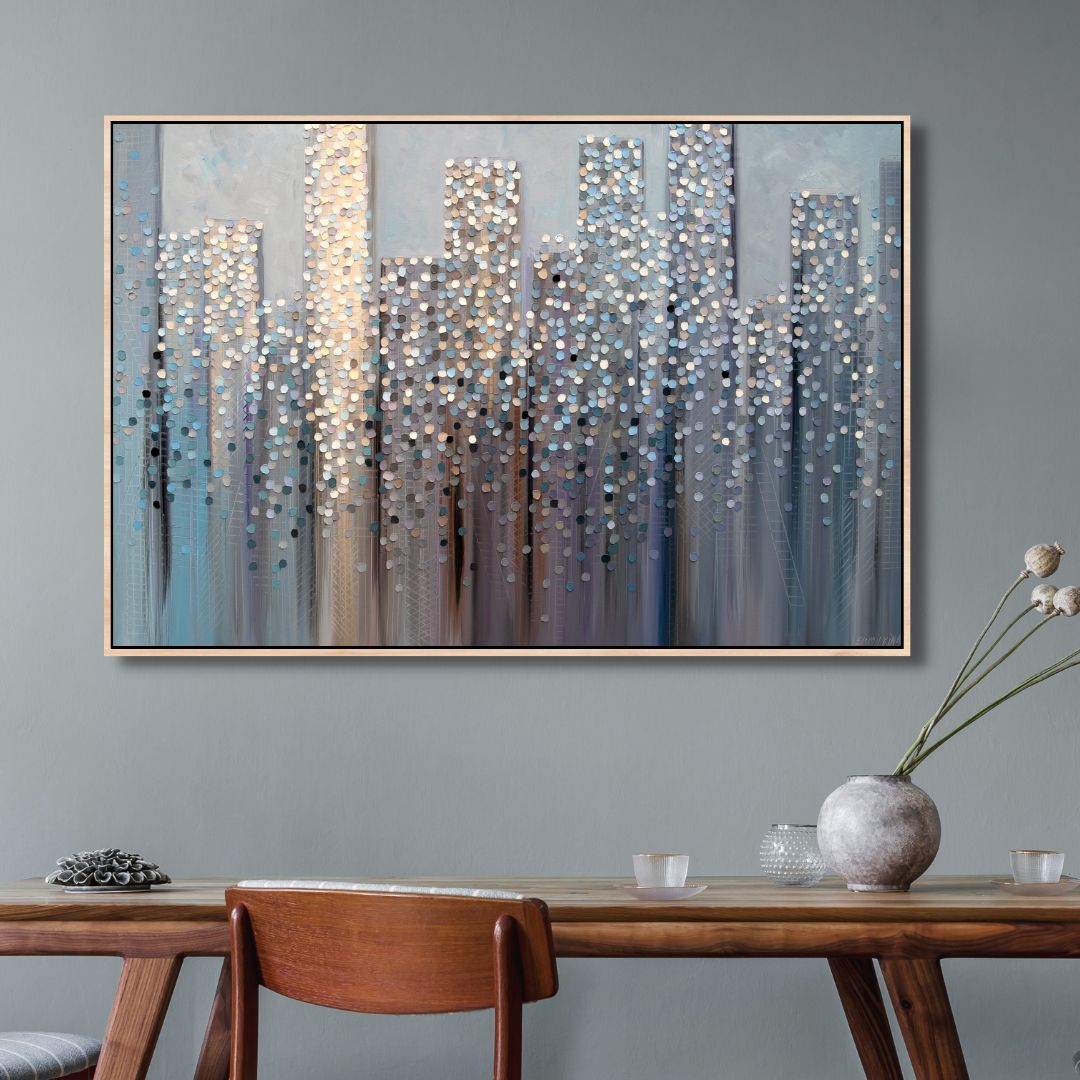 Abstract Cityscape Oil Painting – Dreamy Modern Canvas Wall Art for Home Decor