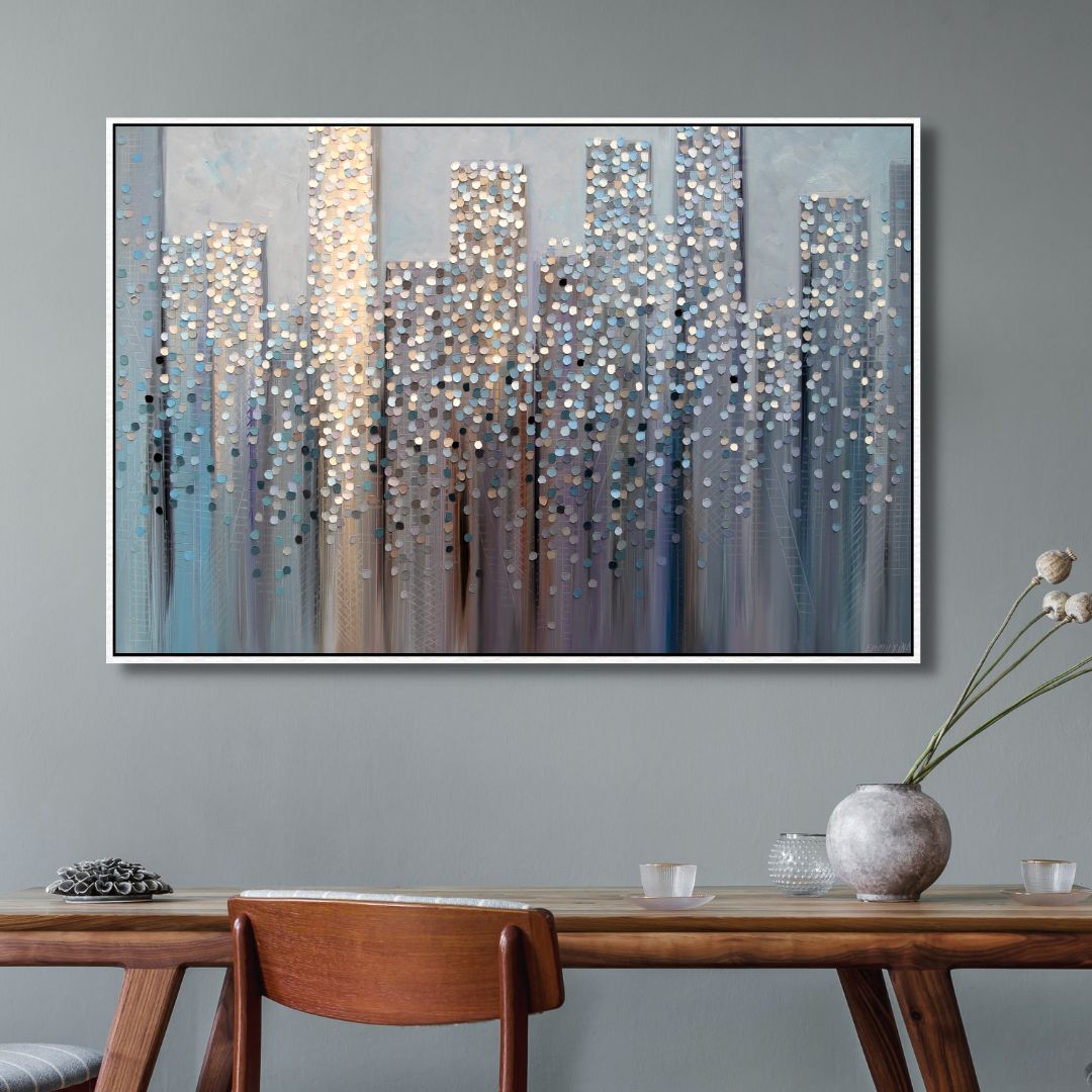 Abstract Cityscape Oil Painting – Dreamy Modern Canvas Wall Art for Home Decor