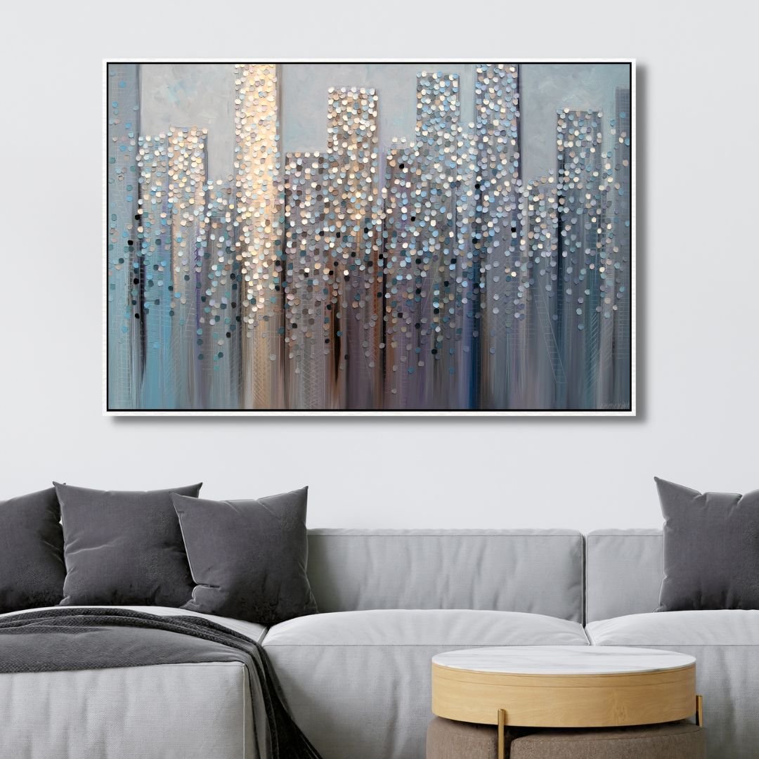 Abstract Cityscape Oil Painting – Dreamy Modern Canvas Wall Art for Home Decor