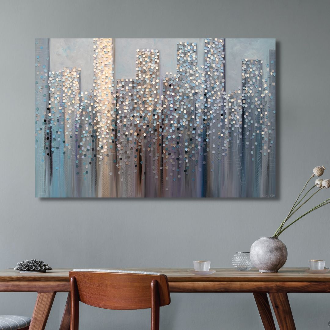 Abstract Cityscape Oil Painting – Dreamy Modern Canvas Wall Art for Home Decor