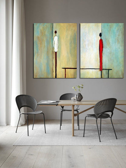 Abstract Oil Painting of Figures in Contrast: Confrontation and Connection