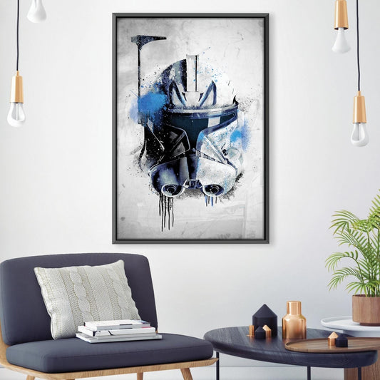 Abstract Clone Helmet Oil Painting with Blue Accents for Modern Decor