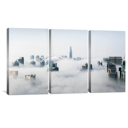 Mystical Cityscape in Soft Clouds - Serene Oil Painting for Modern Decor