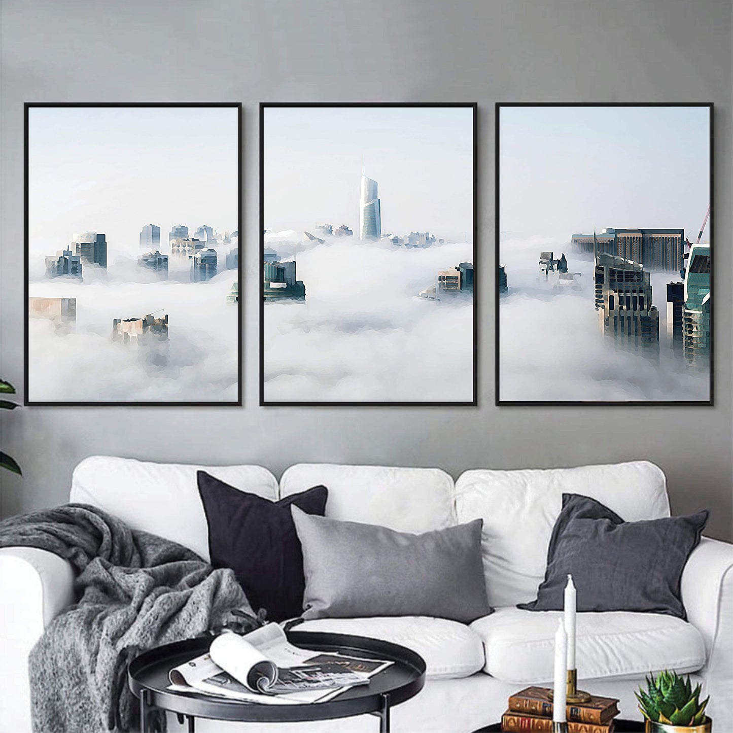 Mystical Cityscape in Soft Clouds - Serene Oil Painting for Modern Decor