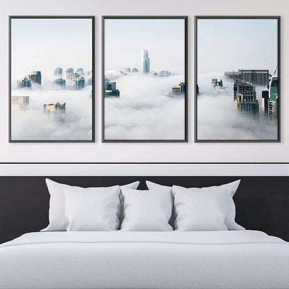 Mystical Cityscape in Soft Clouds - Serene Oil Painting for Modern Decor