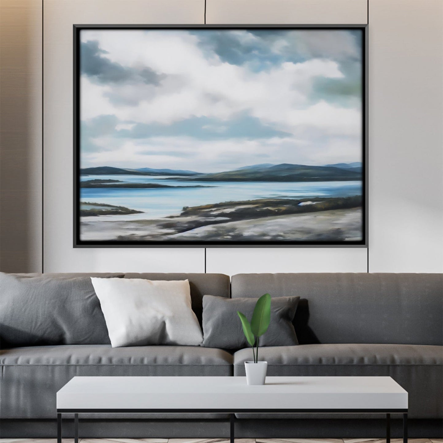 Serene Coastal Landscape with Cloudy Skies - Elegant Oil Painting for Home Decor