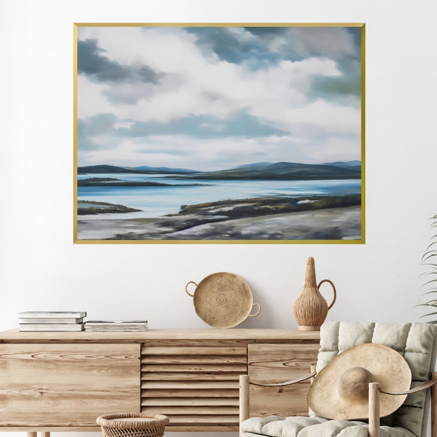 Serene Coastal Landscape with Cloudy Skies - Elegant Oil Painting for Home Decor