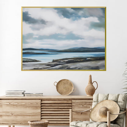 Serene Coastal Landscape with Cloudy Skies - Elegant Oil Painting for Home Decor