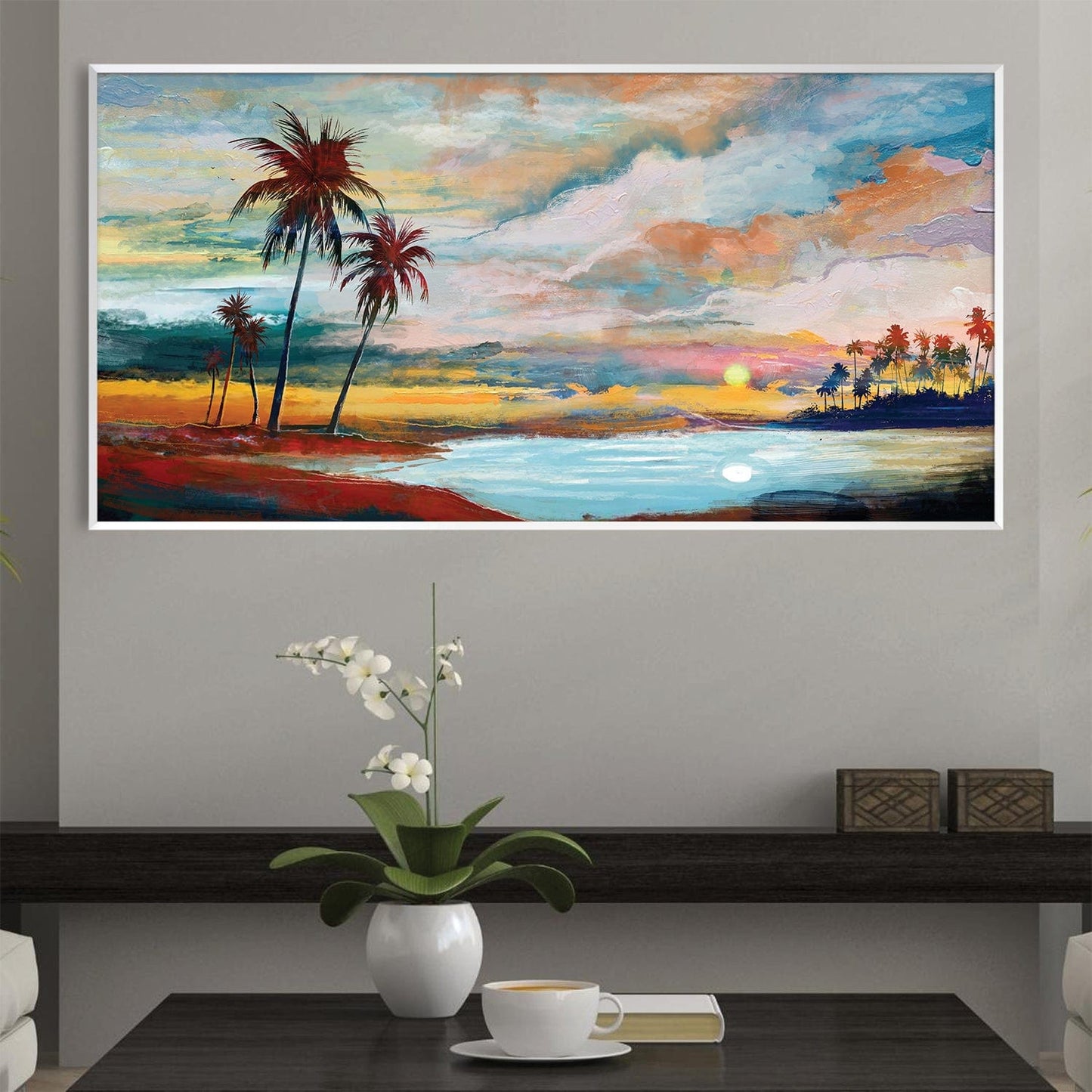 Tropical Sunset Paradise Oil Painting for Coastal Home Decor