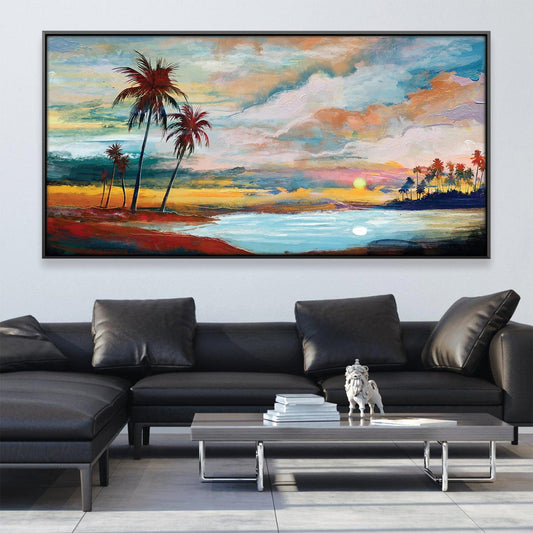 Tropical Sunset Paradise Oil Painting for Coastal Home Decor