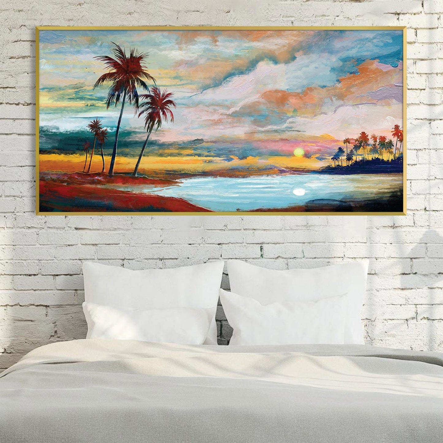 Tropical Sunset Paradise Oil Painting for Coastal Home Decor