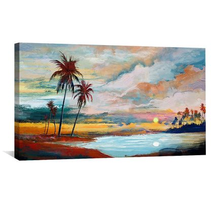 Tropical Sunset Paradise Oil Painting for Coastal Home Decor