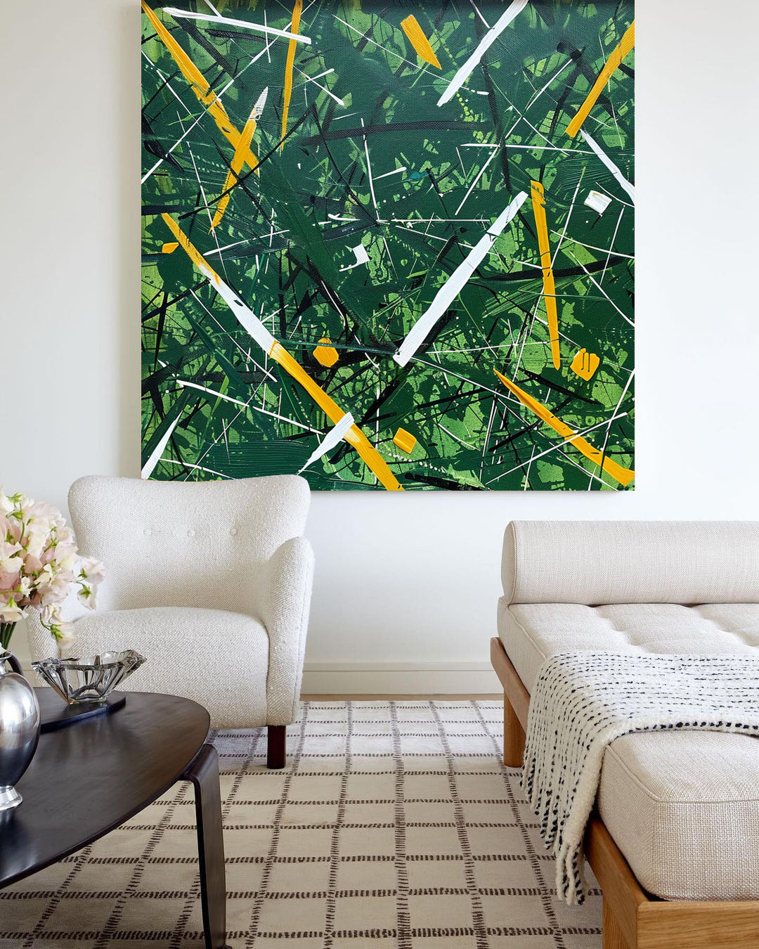 Vibrant Green Abstract Oil Painting with Bold Yellow and White Accents